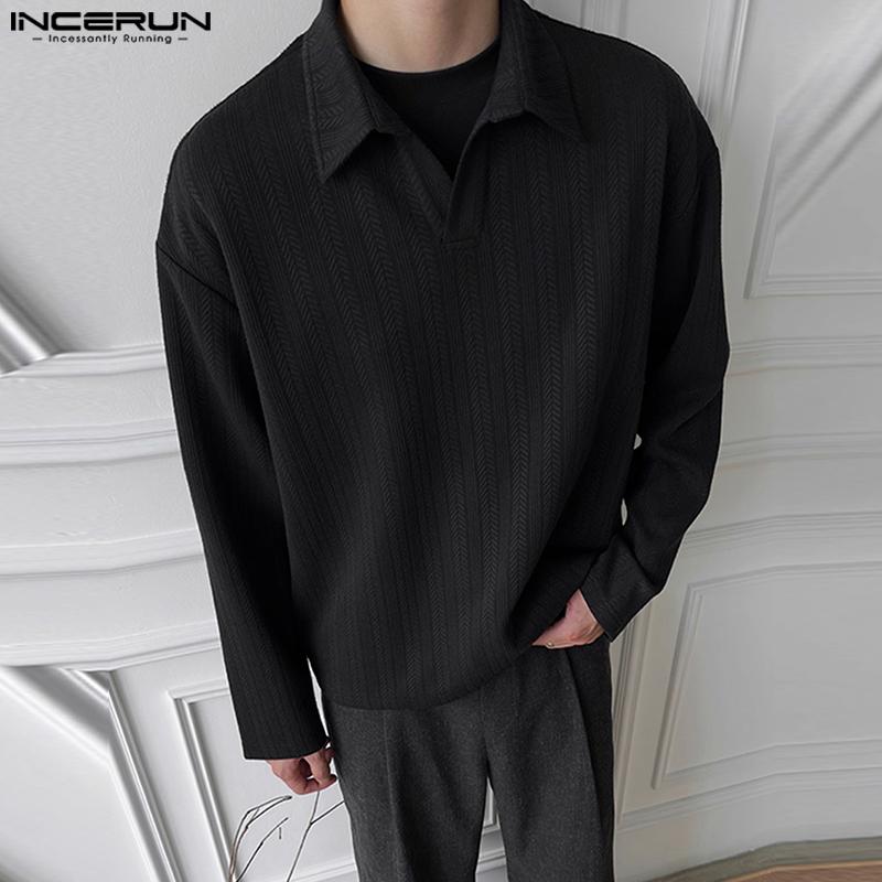 INCERUN Autumn Men Lapel Neck Long Sleeve Texture Pullover Tops