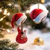 Music Theme Ornament Red Guitar Christmas Ornament, 2D Flat Acrylic Hanging Pendant with Holiday Home Decor Santa Hat, Country Tree Decoration,