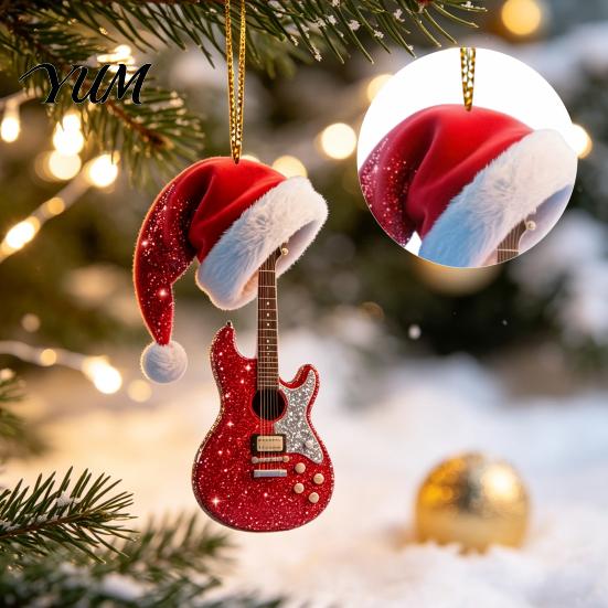 Music Theme Ornament Red Guitar Christmas Ornament, 2D Flat Acrylic Hanging Pendant with Holiday Home Decor Santa Hat, Country Tree Decoration,