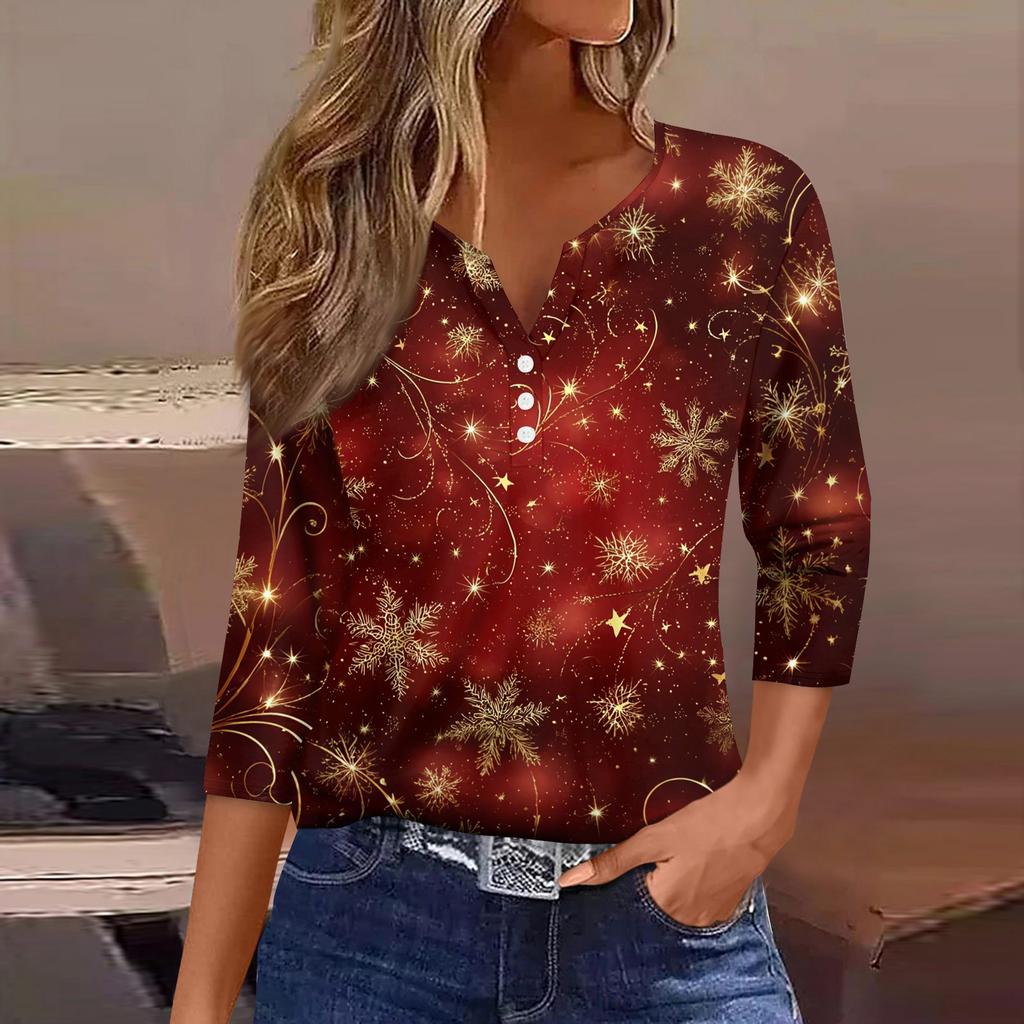 Women's T Shirt Christmas Print Button 3/4 Sleeve Daily Weekend Fashion Basic V- Neck Regular Top