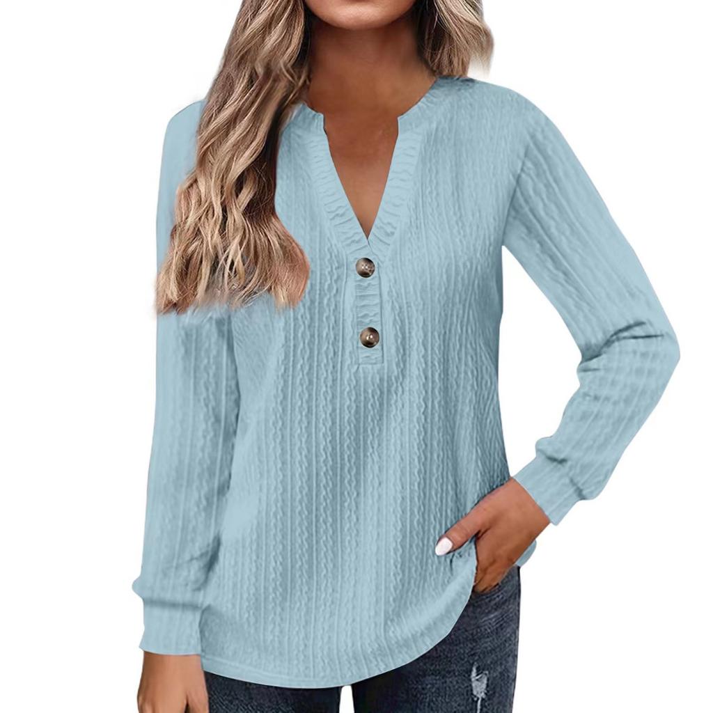 Autumn and Winter Women's Long Sleeved Solid Color V-neck Button T-shirt Top