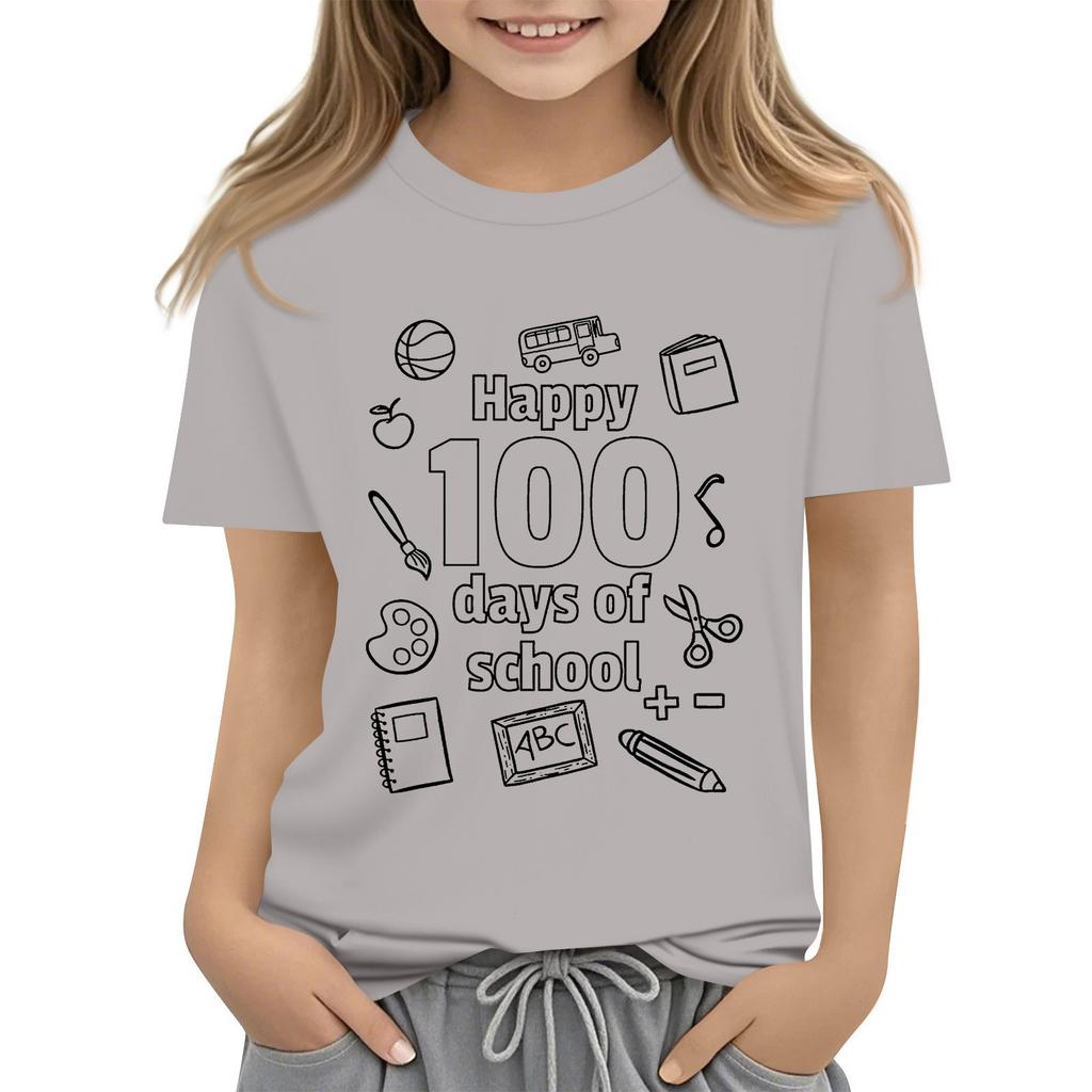 Kids Fashion Casual Short Sleeve 100 Day School Anniversary Printed Round Neck T-Shirt Top