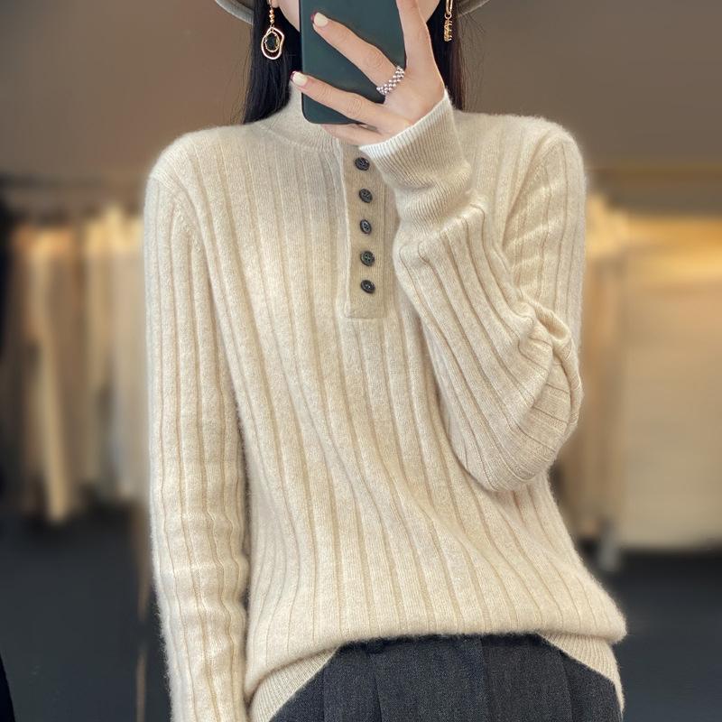 Women Autumn Winter Casual Turn Down Collar Pullover Cashmere Sweater Wool Knitwear Clothing