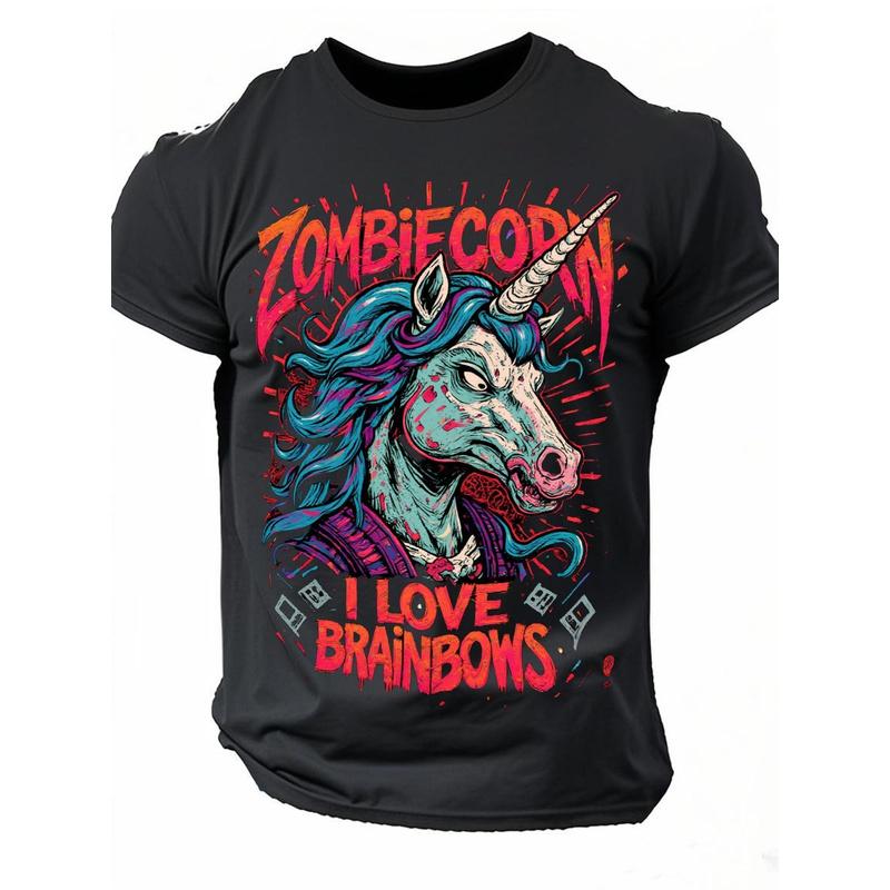 Zombie Unicorn Graphic T-Shirt- Unisex Retro Style Crew Neck Short Sleeve Tee with Rainbow Mane& "I Love Rainbows" Slogan, Vibrant Pink& Print On,