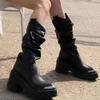 2025 Совершенно новые высококачественные ковбойские сапоги для женщин Черные слипоны на массивном высоком каблуке Сапоги до середины икры Обувь на платформе