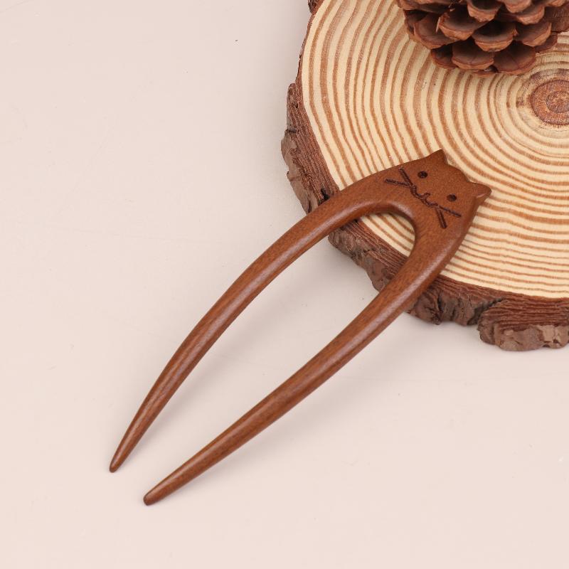 Wooden Hair Stick U-Shaped Hair Fork Cat Butterfly Chinese Style Hairpin Headwear Girl Hair Accessories