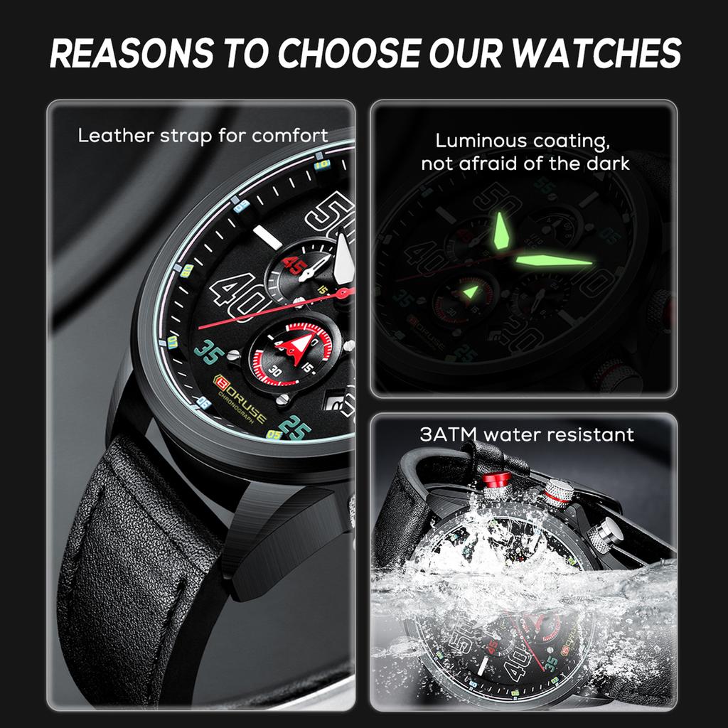 BORUSE Классические повседневные часы Мужские часы Большой циферблат Большие цифры Мужские часы Стрелочные кварцевые мужские часы Классические повседневные часы Кожаный ремешок