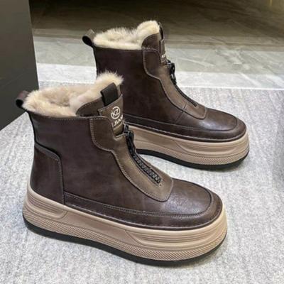 Женские модные хлопковые ботинки на толстой подошве, зимние новые, с круглым носком, на молнии спереди, противоскользящие, износостойкие короткие ботинки