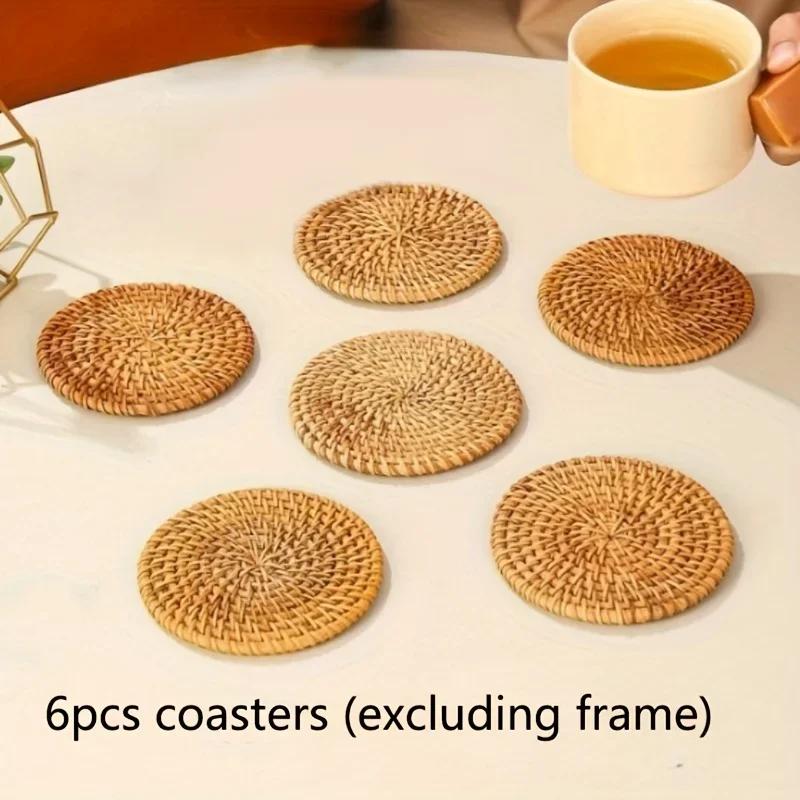 6Pcs Drink Coasters Set For Kungfu Tea Accessories Round Tableware Placemat Dish Mat Rattan Weave Cup Mat Pad Diameter 8Cm