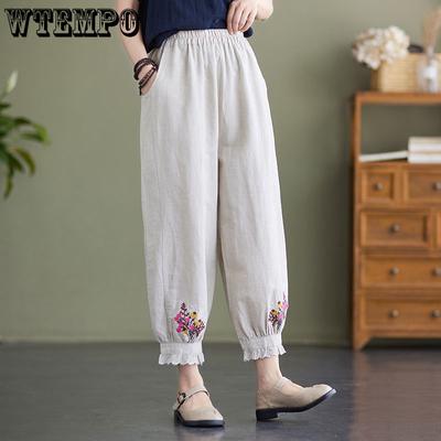 Женские брюки Эластичная талия Брюки гаремного типа в китайском стиле Хлопок и лен Вышитые Повседневные укороченные брюки