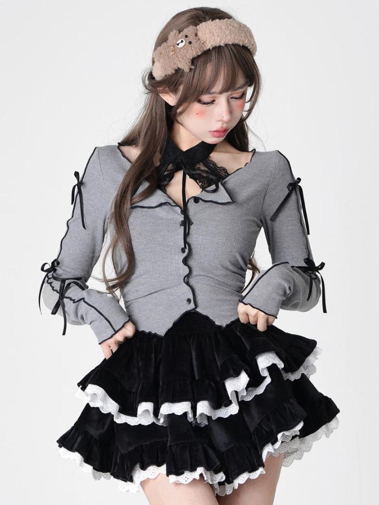 Коричневая вельветовая мини-юбка, милая, милая женская юбка-тортик, с рюшами и строчкой по краю, Лолита, готика, Y2K, American Spicy Girl