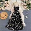 Fashion Daisy Flower Print Mesh Party Dress Women Summer Elegant Spaghetti Strap Vacation Midi Dress Vinatge Beach Clothes New