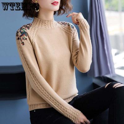 Женский свитер с полувысоким воротником, осенне-зимний, свободный, с вышивкой, вязаный свитер