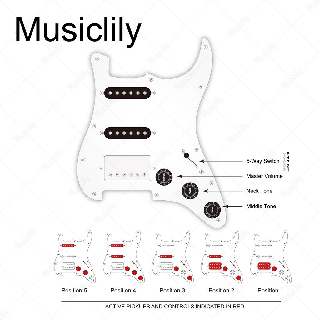 Musiclily Pro HSS ST Pickguard with Artec Alnico 5 Pickup Set for Strat Electric Aged White Pre-wired Guitar, 3-Piece