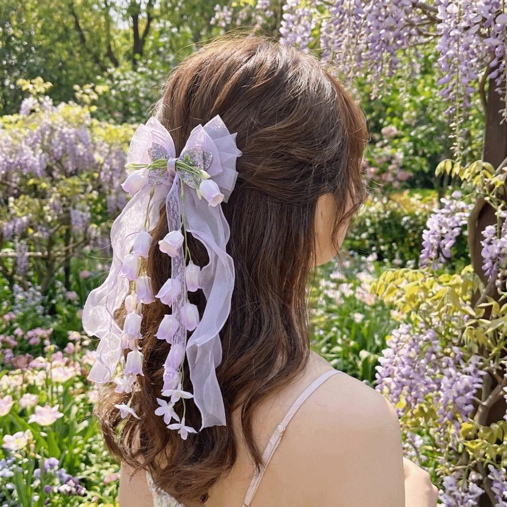 Sequin Tulle Bow Hair Clips Sweet Lolita Dress Hair Accessories Bell Orchid Ribbon Barrettes  Prom