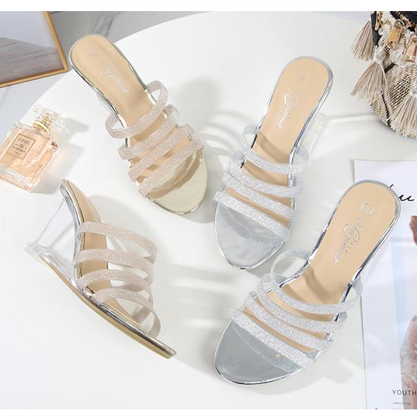 Женская летняя универсальная женская обувь на высоком каблуке со стразами, простые босоножки на наклонном каблуке, прозрачный каблук LFD