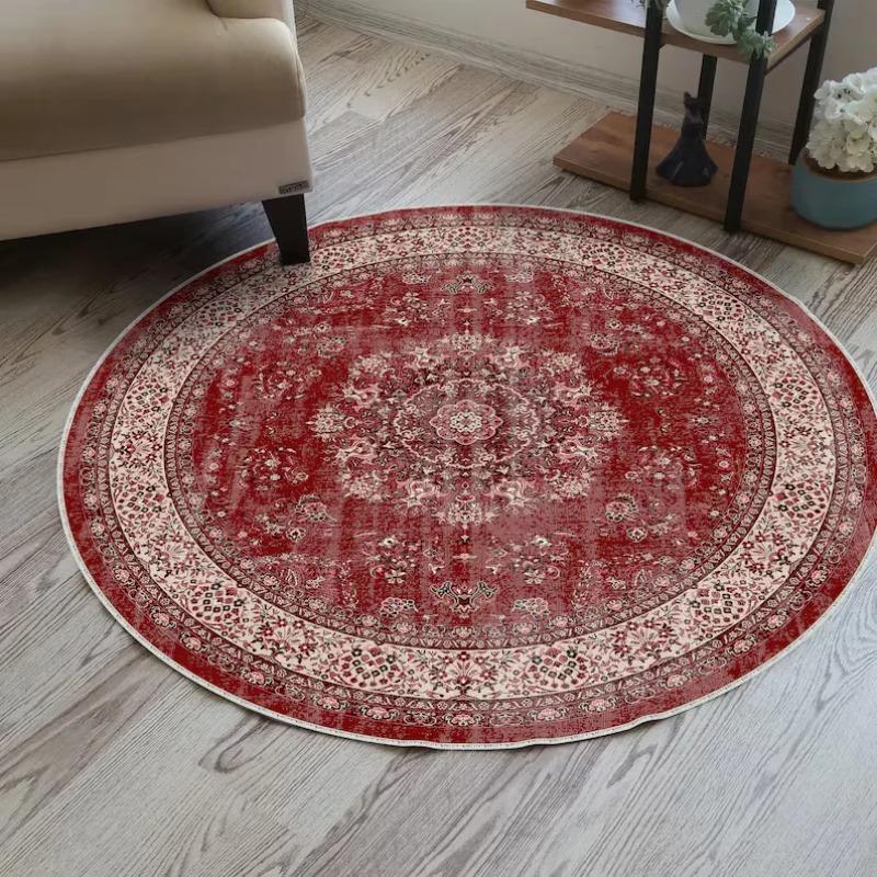 Beige Vintage Distressed Persian Medallion Round Rug Non Slip Washable Mat For Farmhouse Living Room