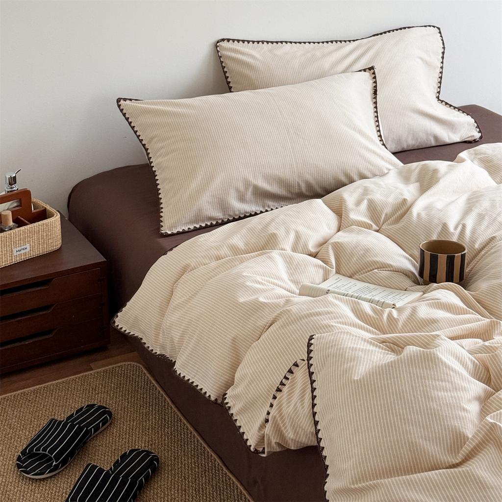 Nordic Simple Cotton Washed Cotton Bed, Pure Cotton Striped Quilt Cover Bed Sheet Mattress Bedding