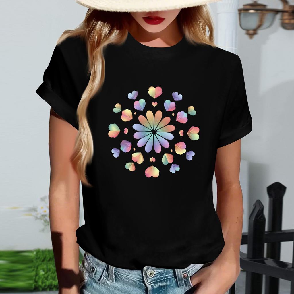 Women's Fashionable Round Neck Casual Retro Print Short Sleeved T-shirt Top