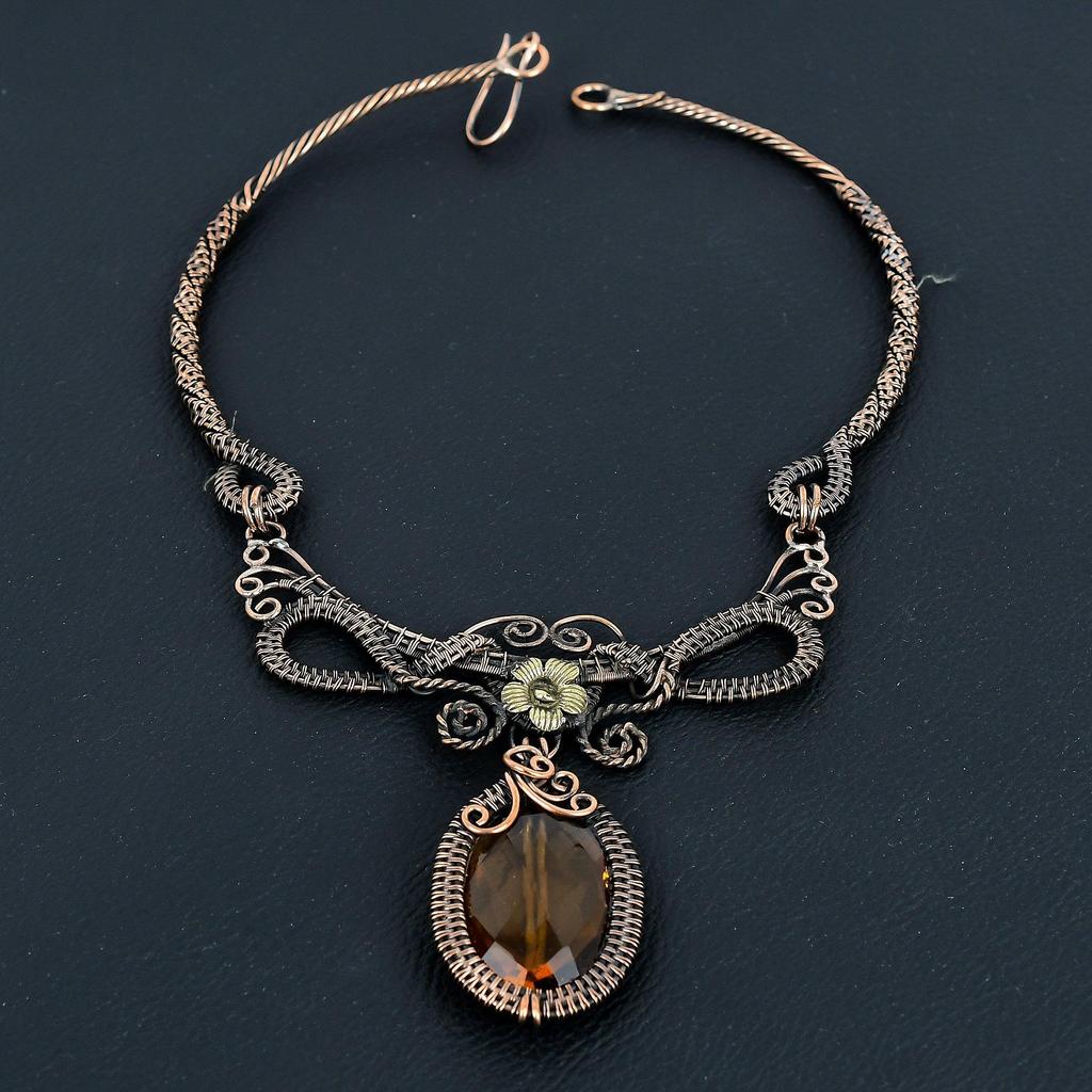 Ожерелье с цитрином, украшения ручной работы, ожерелье, обернутое медной проволокой 999 пробы, дизайнерские украшения с драгоценными камнями, ожерелье с регулируемой цепочкой, подарок для мамы
