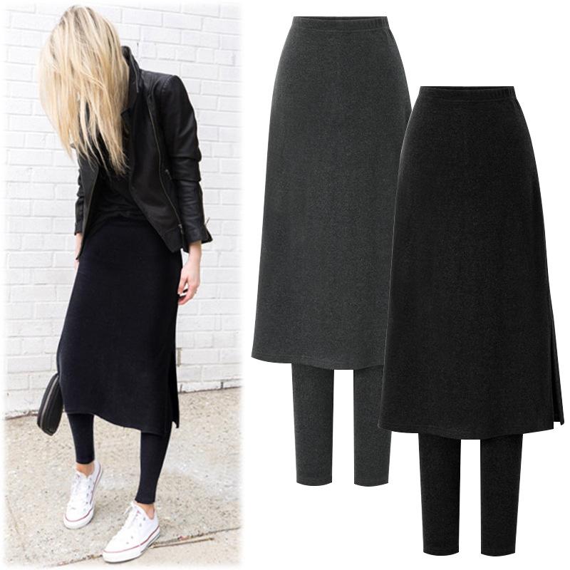 High Waist Korean Style Fleece-Lined Two-Piece Skirt Leggings - Autumn/Winter Slimming Plus Size Midi with Slit