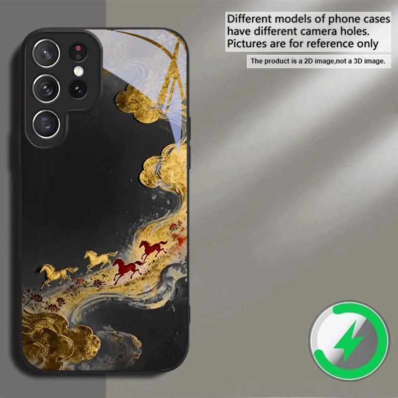Золотой конь скачет Подходит для Samsung Galaxy S25 Ultra S20 FE S21 S22+ S23 Plus S24 S26 Edge магниты Стекло Чехол для телефона