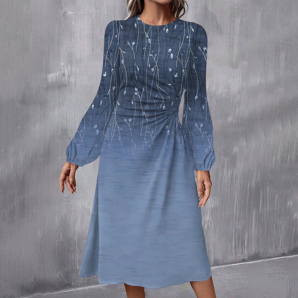 Женское модное повседневное платье миди с круглым вырезом и длинными рукавами