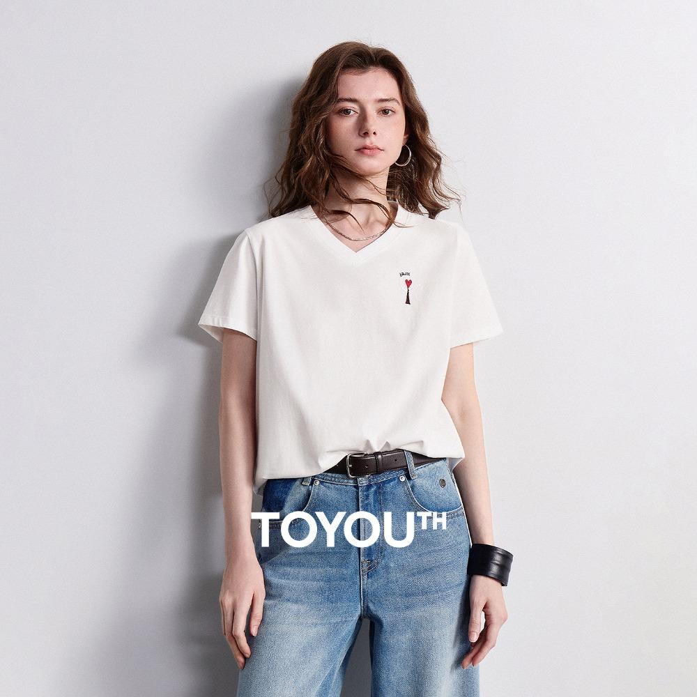 Женская футболка TOYOUTH 2026 Лето Новинка Чистый V-образный вырез Свободный Топ с вышивкой в виде сердца