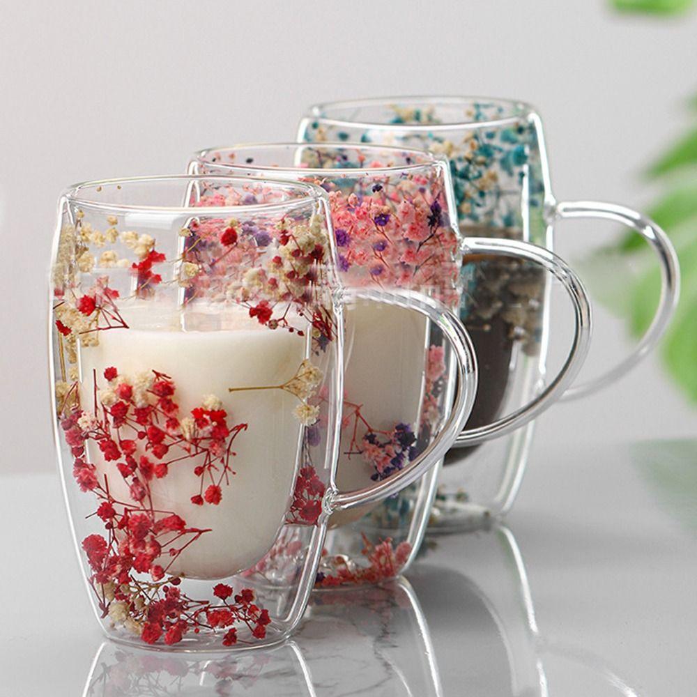 Heat Resistant Dried Flowers Glass Mugs 350ml Flower Cup Simple Coffee Mug  Home&Office