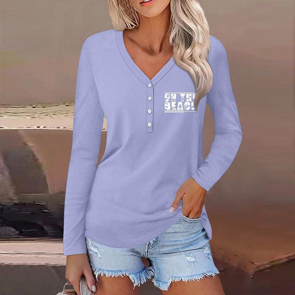 Женская повседневная мода сексуальный удобный пляжный стиль повседневный принт V-образный вырез пуговицы длинный рукав