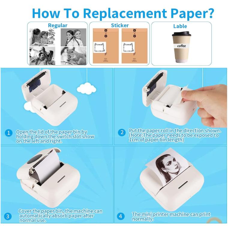 Мини-принтер для наклеек, Bluetooth, умный карманный бесчернильный термопринтер с 10 рулонами термобумаги и портативным принтером для наклеек