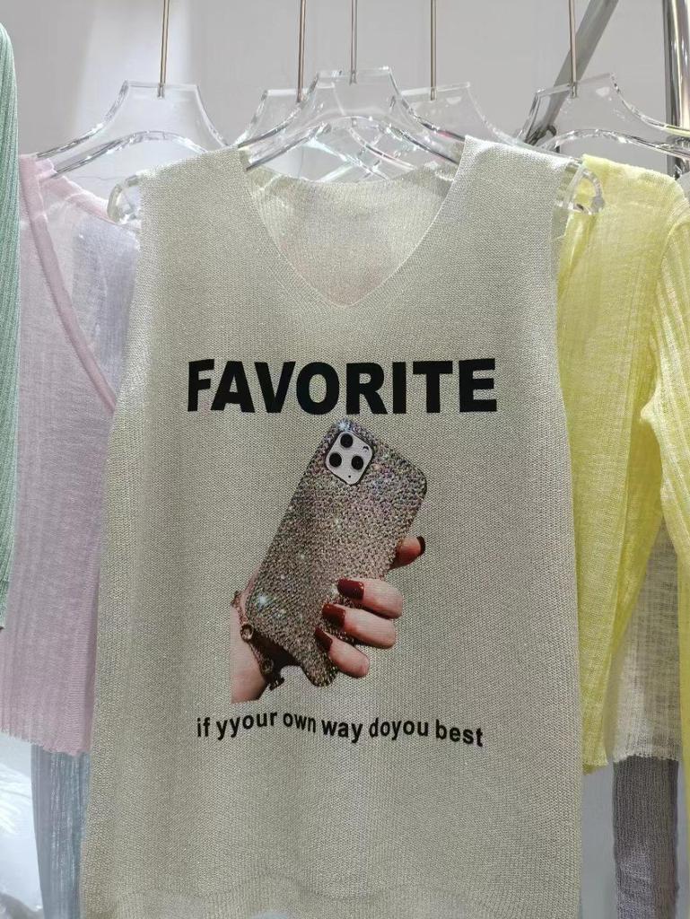 2023 Блестящий шелковый женский жилет без рукавов с V-образным вырезом - Новый стиль весна/лето, свободный крой с вязаным дизайном на бретелях с горячими бриллиантами