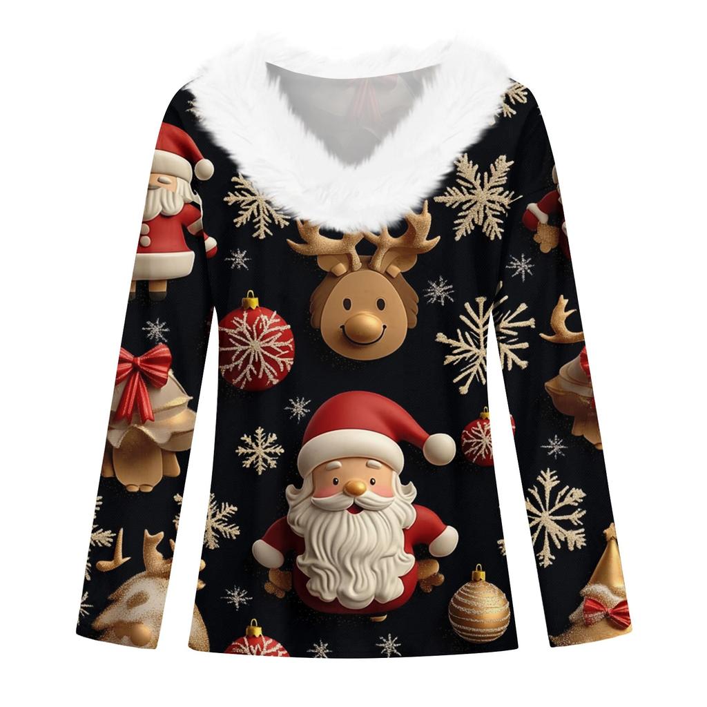 Женский длинный рукав рождественский принт вечеринка плюшевый воротник широкий повседневный V-образный вырез топ