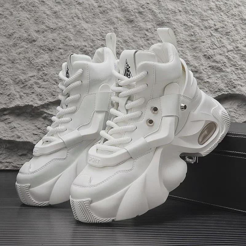 2024 Men's White High-Top Shoes with 12cm Invisible Height Increase, Air Cushion, Thick Sole, Fashionable Dad Sneakers
