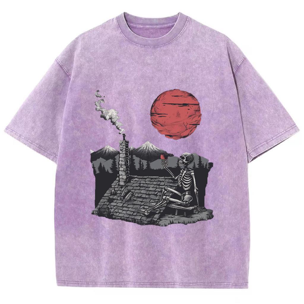 Женская хлопковая футболка с принтом «Японский череп и закат» из города, свободного покроя, со средним рукавом, повседневная, простая, модная