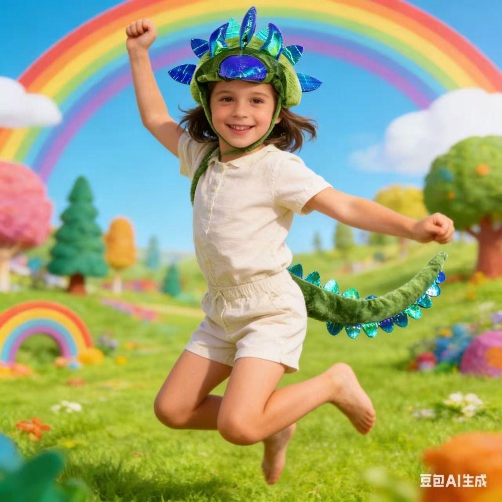 Glitter Spikes Dino Headband Tail Set Plush Dinosaur Dress Up Accessory Halloween