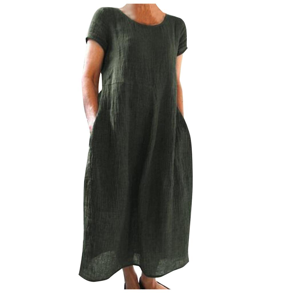O Neck Sleeveless Loose Cotton Linen Pocket Long Dress Solid Color Women