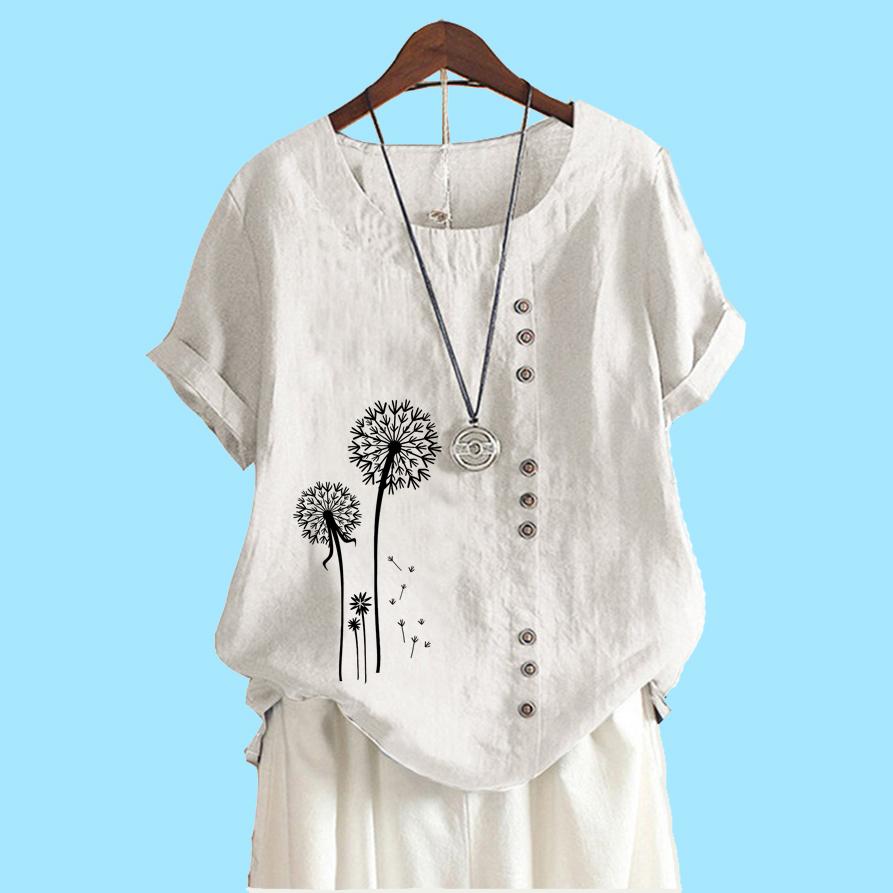 Women Fashion Cotton Linen Top Blouse Summer&fall Short Sleeve T-shirt Laides Casual Floral Print Loose Blouse