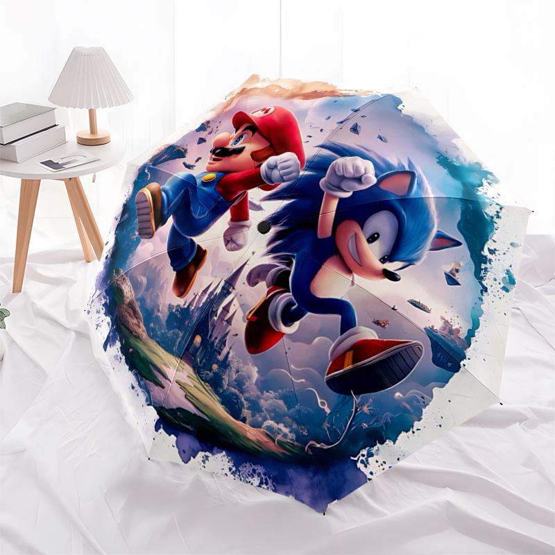 1pc Sonic & Mario Automatic Folding Umbrella, 8-Rib Outdoor Umbrella, Ideal Gift for Fans, Travelers, Daily Use, Festive Present.F060