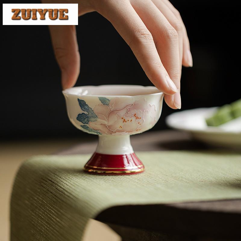65ml Hand Drawn Peony Master Cup Vintage High Footed Large Teacup High End Gold Plated Tea Cup Flower Mouth Kung Fu Tea Set Gift