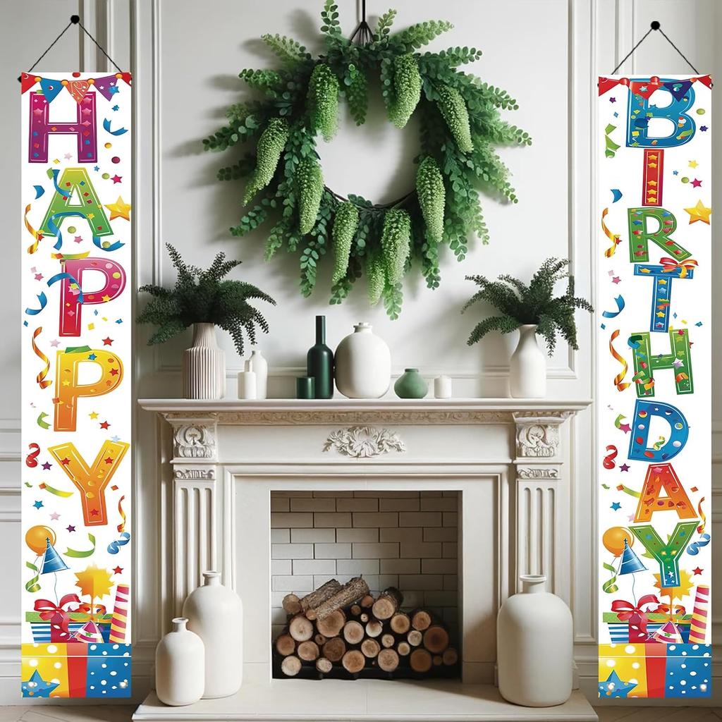 2 Pcs Colorful Birthday Party Decoration Porch Sign Door Banner Happy Birthday Hanging Banner Porch Banner for Kids Boys Girls Party Supplies Indoor