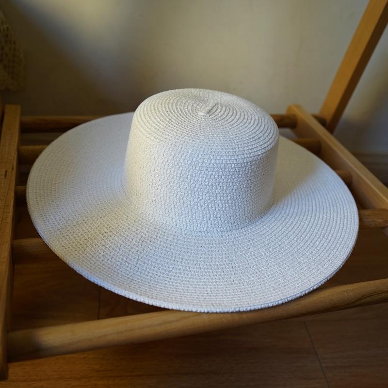 Korea Foreign Trade Summer French Wide Brim White Black Flat Top Straw Hat Women'S Sunshade Sun Hat Panama Top Hat
