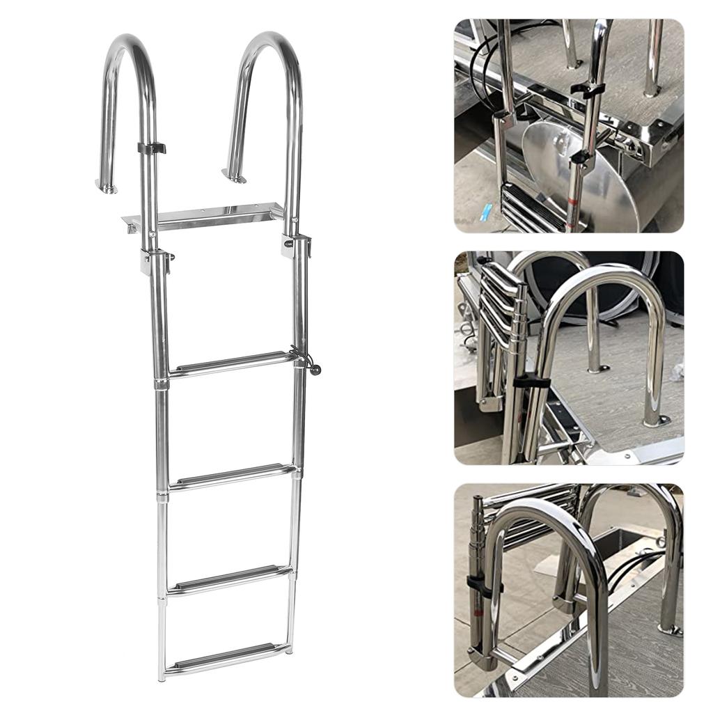 Boat Ladder Folding Telescopic 4‑Steps Marine Dock Stair Welded Reinforce Stainless Steel