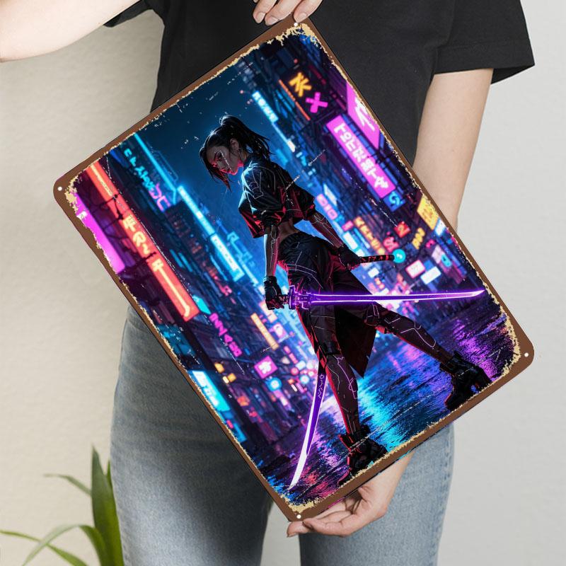 Киберпанк Воин Жестяная Табличка Неоновый Постер Вещи для Дизайна Комнаты Настраиваемые Металлические Таблички для Дома Комнаты Настенное Искусство Кофейный Бар