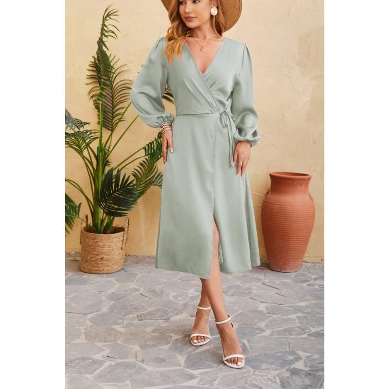 Весенне-осеннее женское платье, однотонное сексуальное платье с v-образным вырезом и разрезом подол