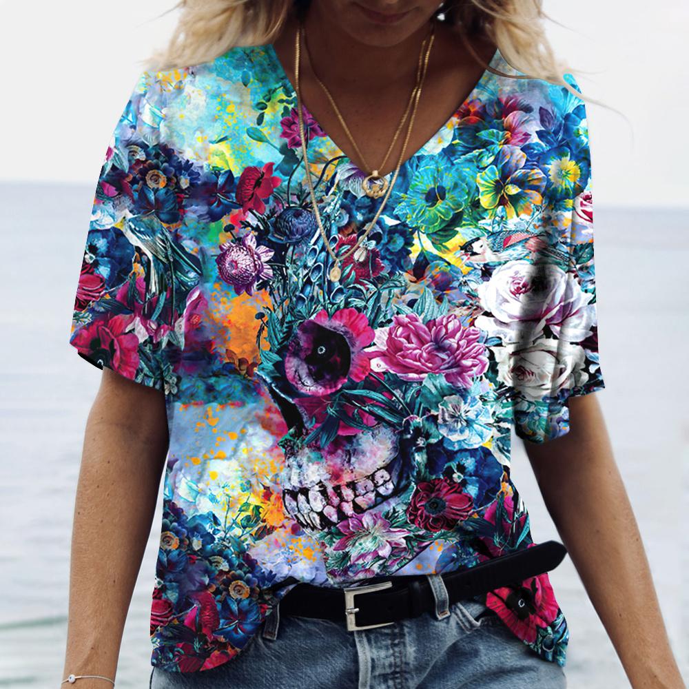 2022 New Women's T-shirts Skull Print Women's Short-sleeved Tops V-neck Pullover Streetwear Oversized T-shirts Summer Clothing