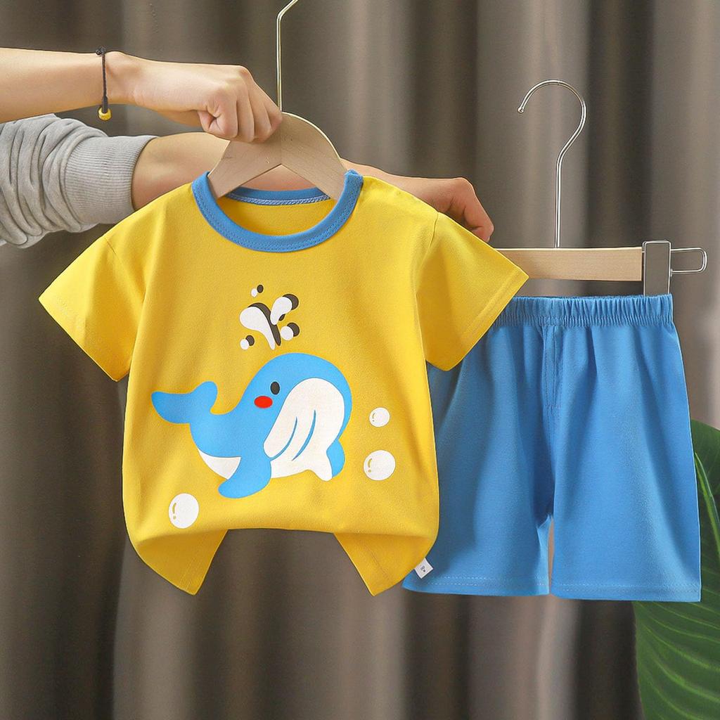 Короткие комплекты для мальчиков и девочек, милый динозавр с цветочным принтом, топы с короткими рукавами, короткие штаны с круглым вырезом, комплекты из двух предметов, одежда для детей