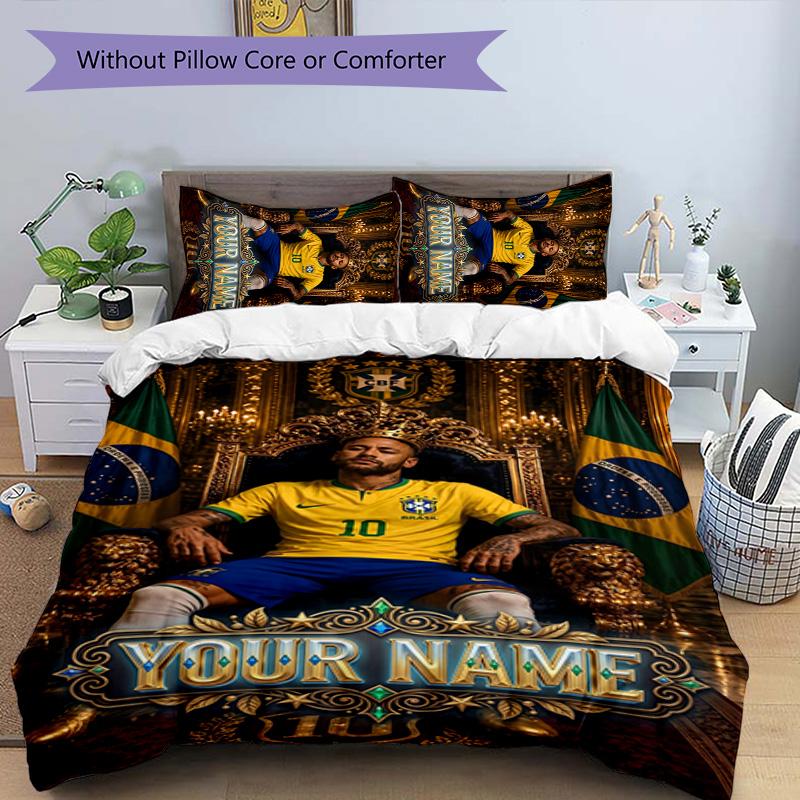 3pcs Brazilian football player Cover Set - Personalized Name, HD Printed Bedding with 1 Cover and 2 Pillowcases - Perfect for Home Decor, Easy Care