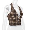 Sexy Vest Halter Lace-up Sleeveless Backless Plaid Pattern Tops with Lace Decoration Slim Fit French Style Tops