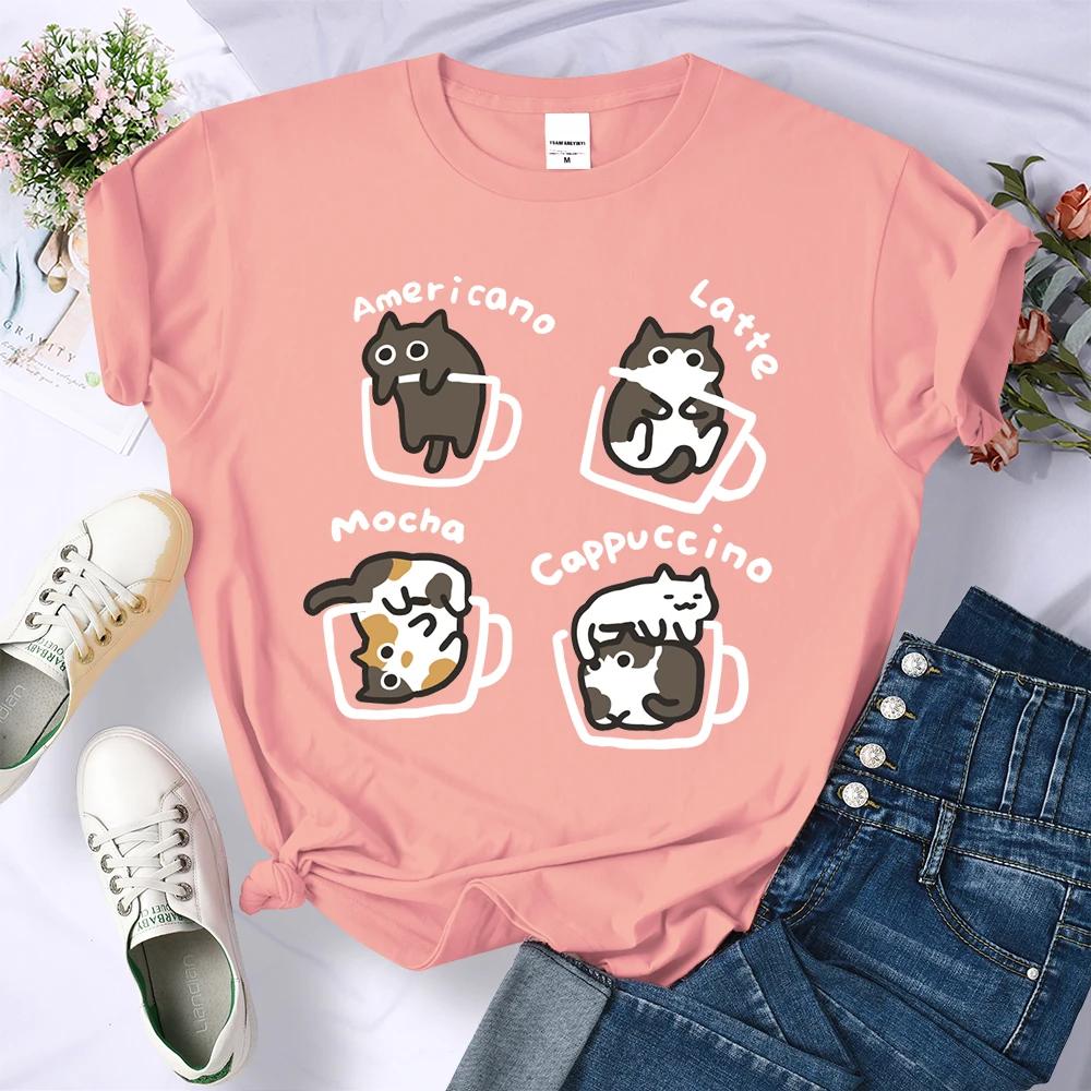 Summer Cat Coffee Art Letter 3D Printed T-Shirts Women Breathable O-Neck Tee Shirts Loose Short Sleeve Soft Street Casual Clothes Female